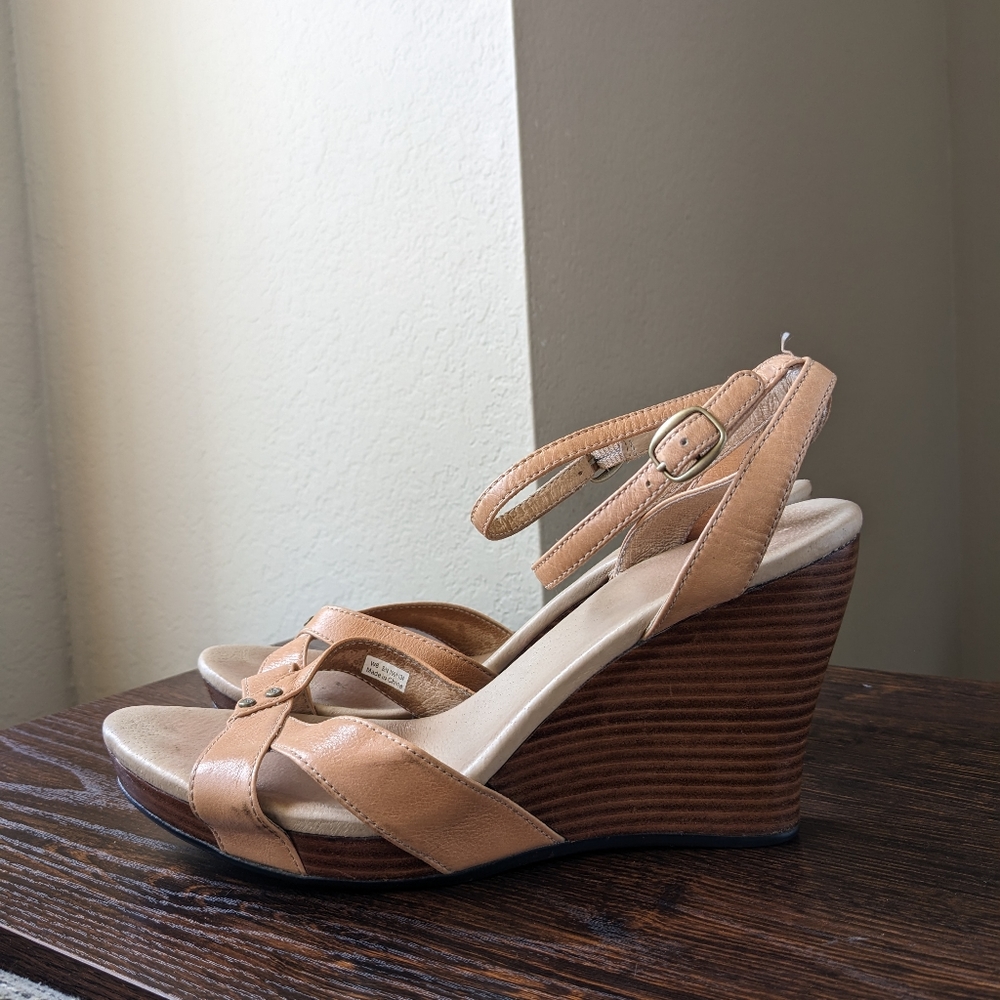 UGG Tan Beige Leather Strappy Wedge Platform Sandals Heels